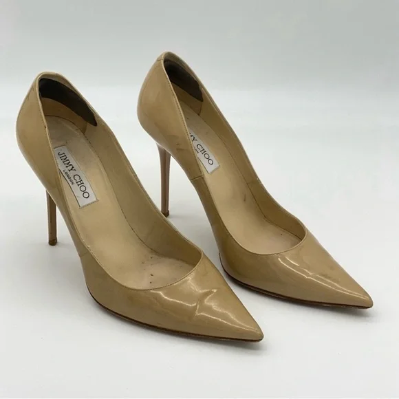 Jimmy Choo Nude Patent Leather Designer Pointed Toe Classic High Heels Size 40 - Picture 2 of 9